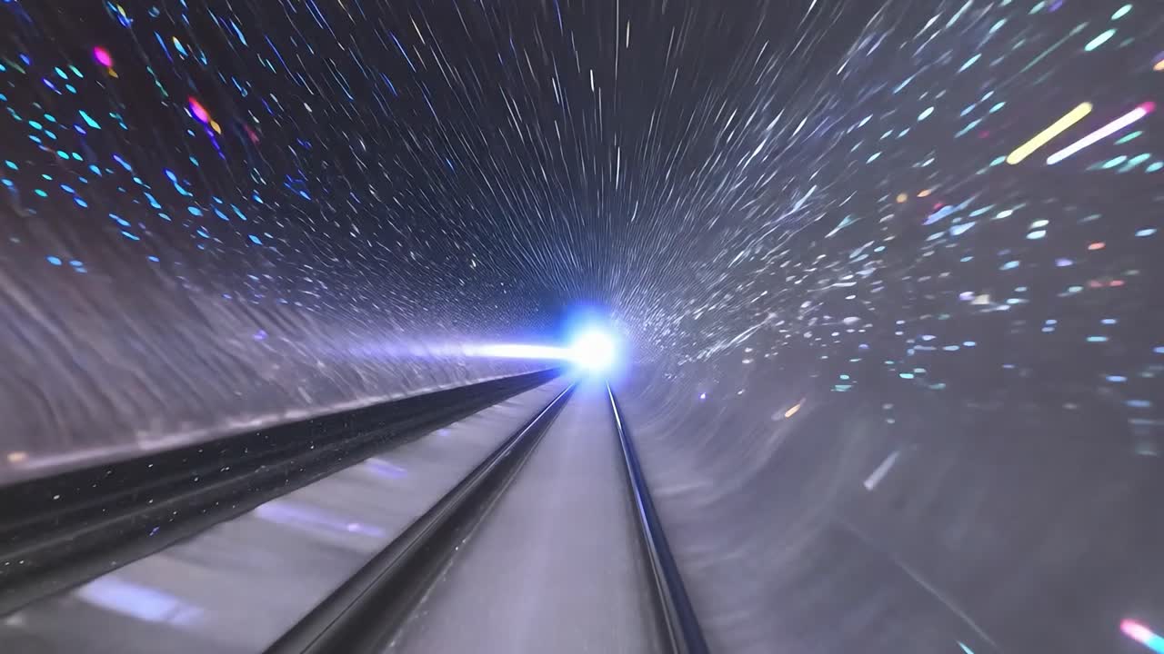 el tren viaja a través de un túnel adornado con luces brillantes, creando una exhibición cautivadora en un entorno oscuro y subterráneo