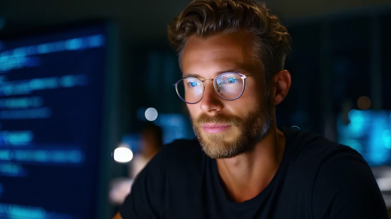 Focused Male Programmer Analyzing Code on Multiple Screens in a Dimly Lit Room, Cultivating an Environment of Concentration and Innovation