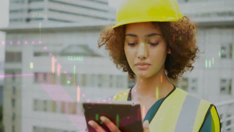 Animation-Der-Statistikverarbeitung-über-Eine-Architektin,-Die-Auf-Der-Baustelle-Ein-Tablet-Nutzt