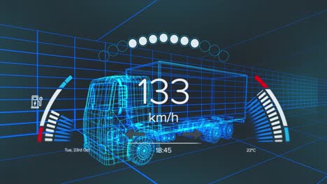 Animation-of-speedometer-over-electric-truck-project-on-navy-background