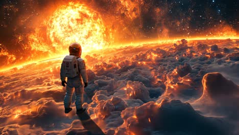 astronaut observes a fiery sun over a swirling cloud landscape