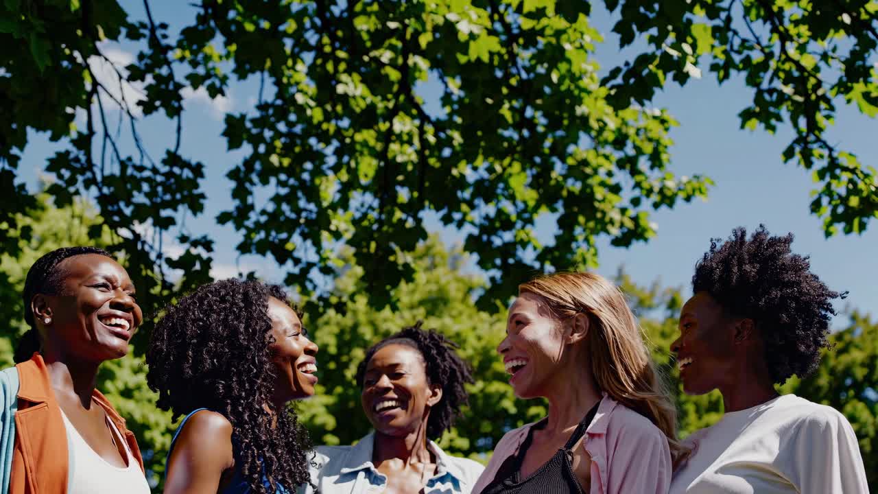 A vibrant group of friends laughing under a sunny tree, captured from a low angle