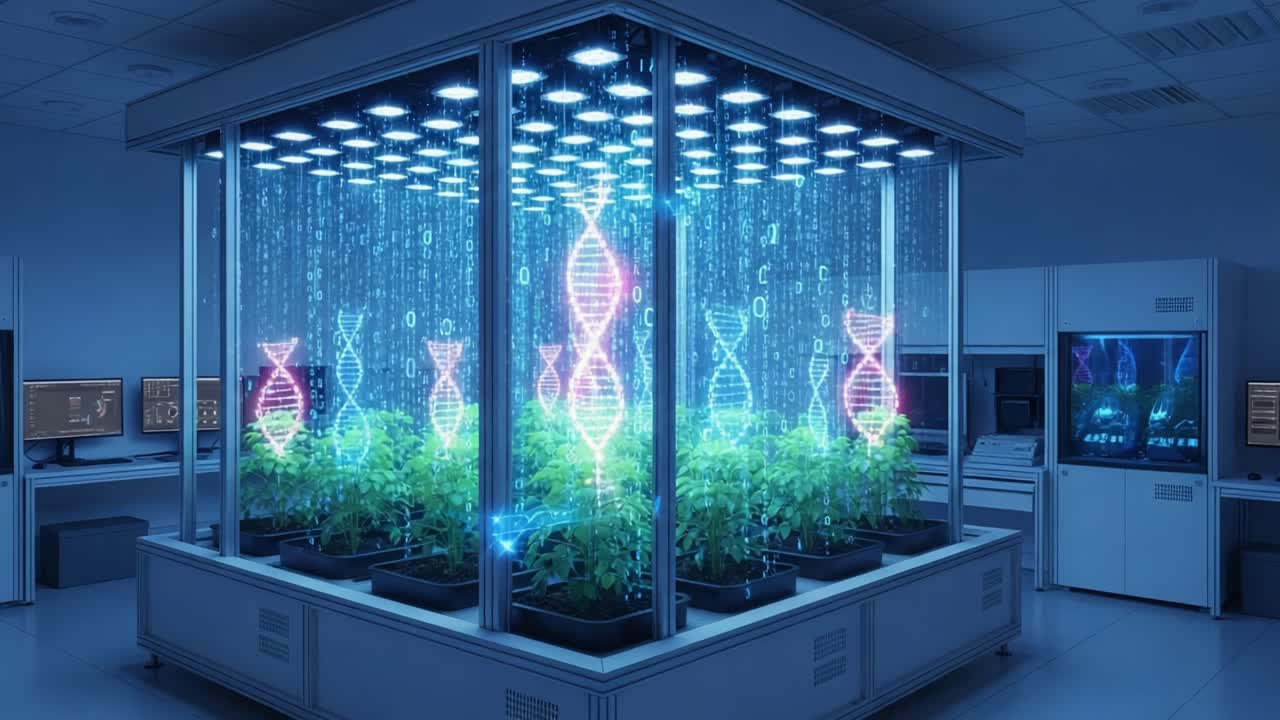 Advanced Biotech Research Lab Featuring High-Tech Growth Chamber with Digital DNA Visualizations Supporting Innovative Plant Development
