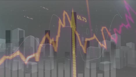 animation of statistical data processing over 3d city model against grey background