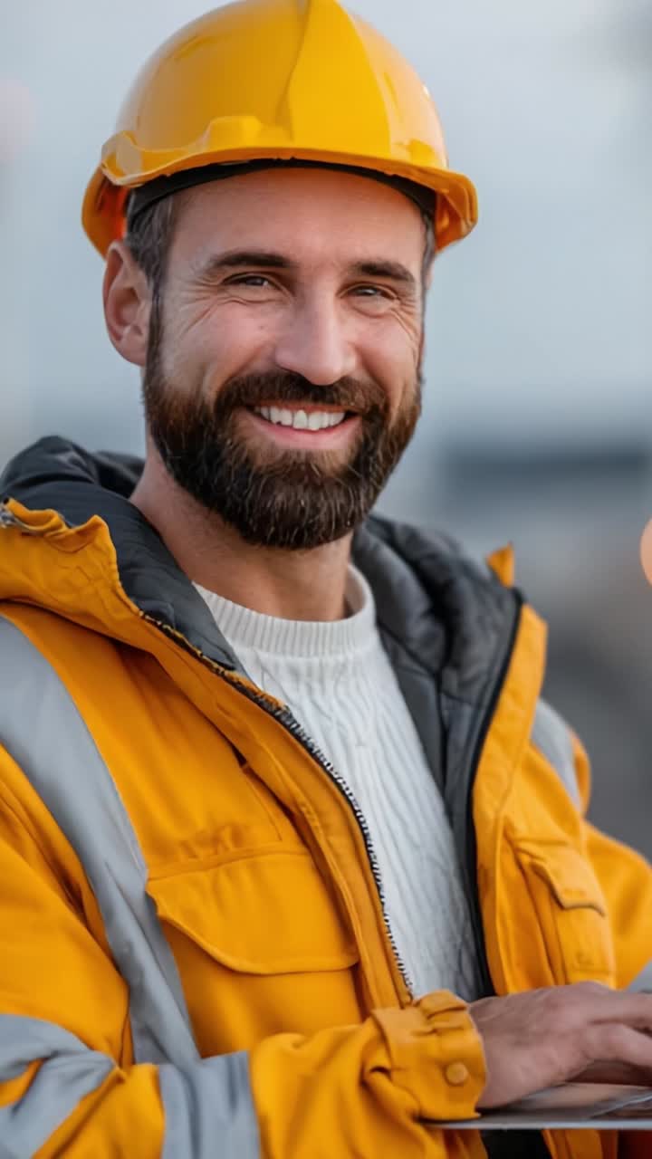 A Cheerful Construction Worker in Safety Gear Expresses Confidence and Professionalism While Overseeing Operations in a Dynamic Work Environment