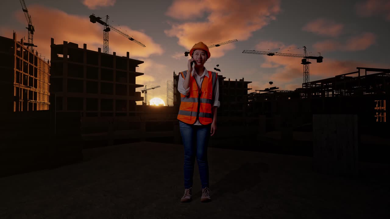 Full Body Of Asian Female Engineer With Safety Helmet Talking On Smartphone While Standing At Construction Site in Progress to New House