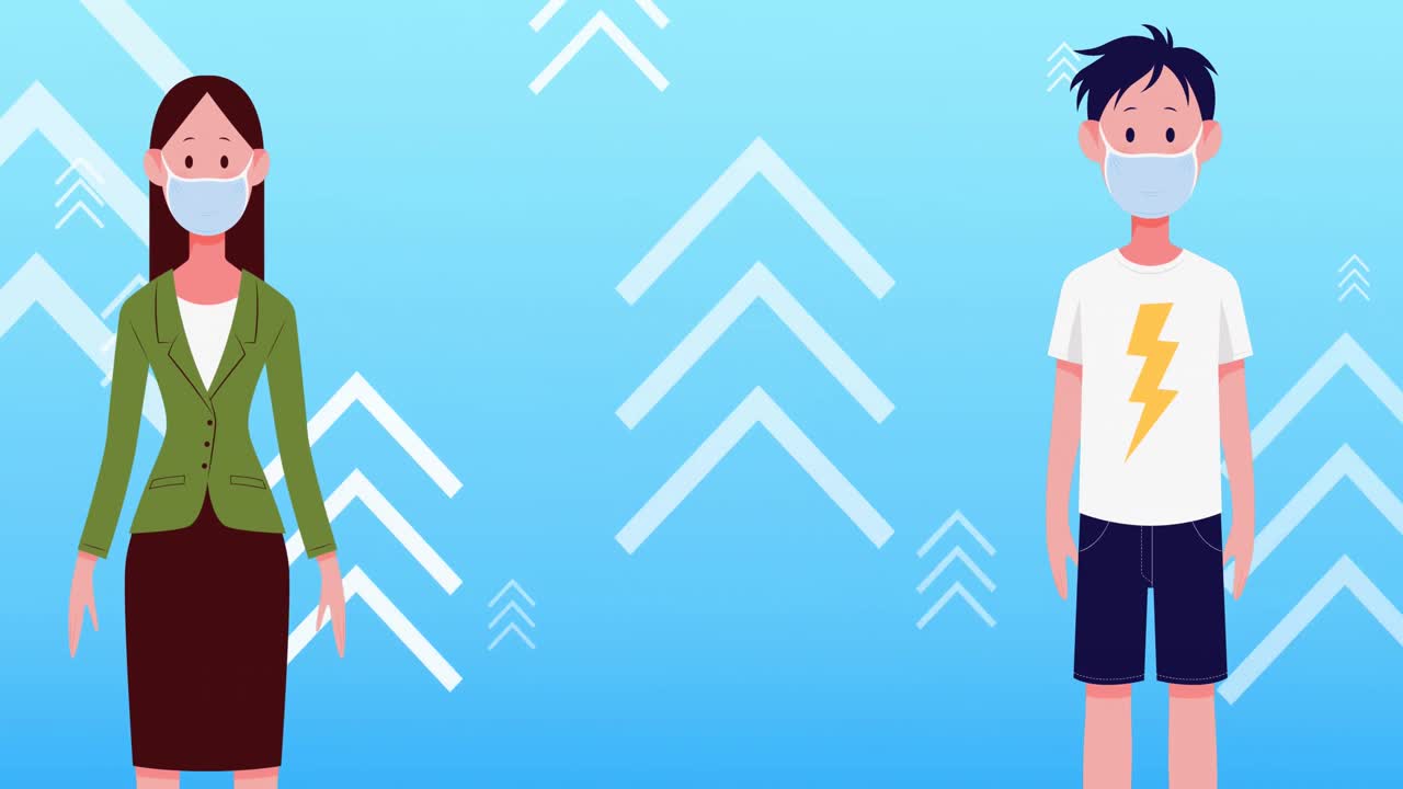 얼굴 마스크와 화살표 아이콘을 가진 여자와 소년의 애니메이션