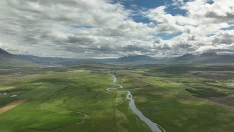 rural icelandic landscape aerial shot with river and fields