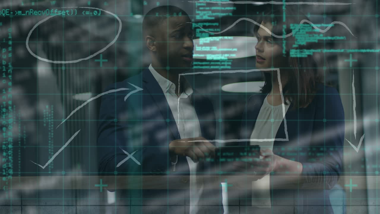 Animation of data processing over diverse business people in office