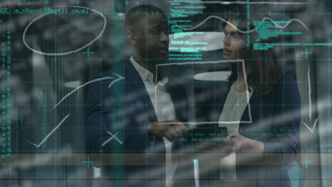 animation of data processing over diverse business people in office