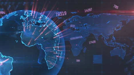 animación de múltiples números cambiantes y rastros de luz sobre el globo giratorio y el mapa del mundo