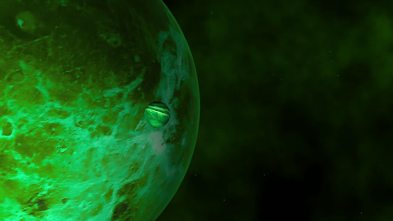 A closeup of a big green exoplanet and rotating moon on a nebula background in a distant galaxy