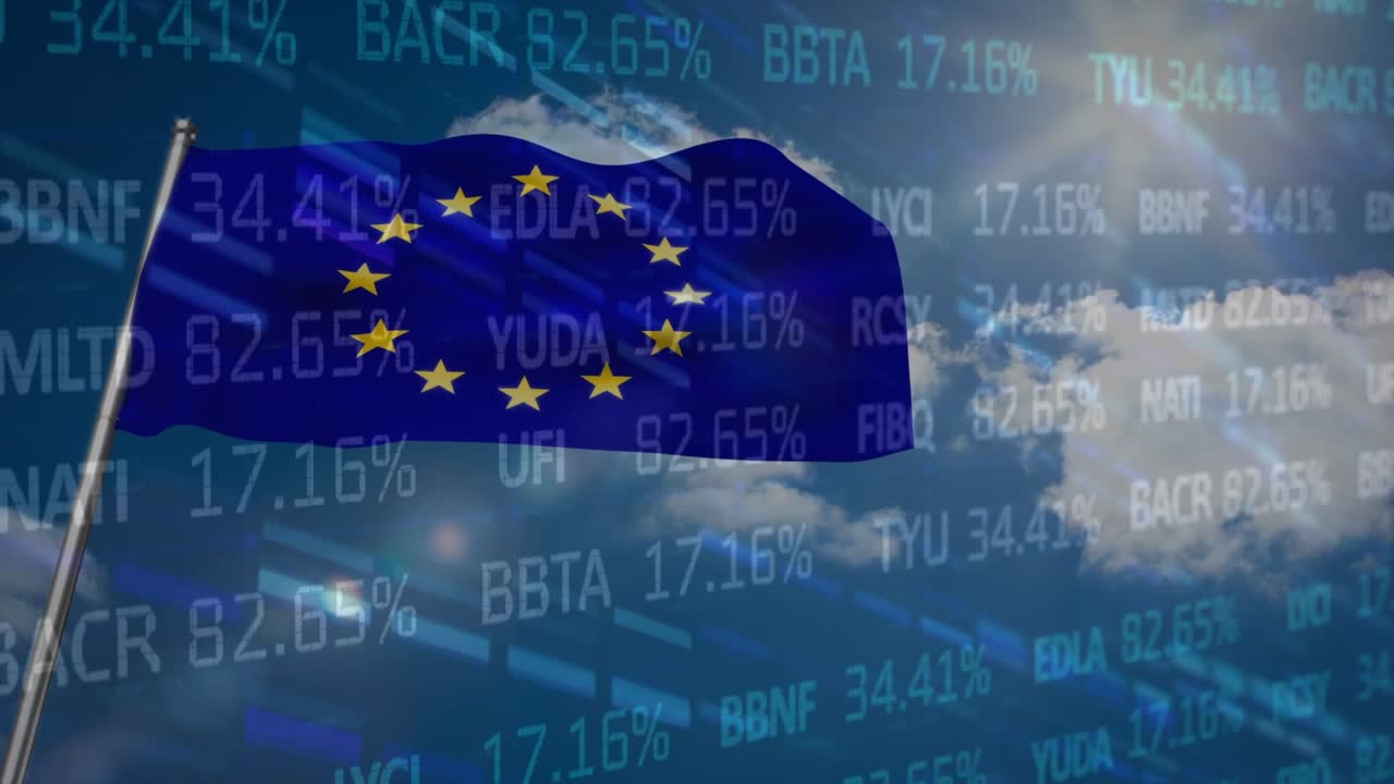 Animazione di elaborazione dati di borsa su bandiera UE sventolante contro nuvole nel cielo blu.
