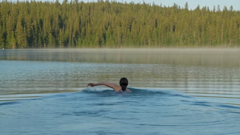 person swimming in a serene lake with a forested backdrop