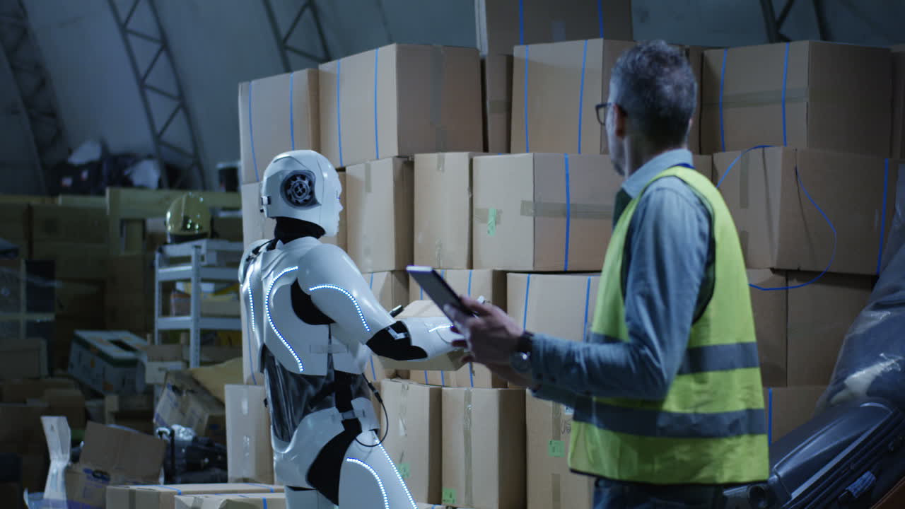 robot de almacén asistido por un trabajador humano