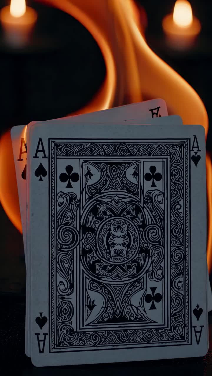 Close-up video shot of playing cards with intricate designs, partially burned, set against a dark