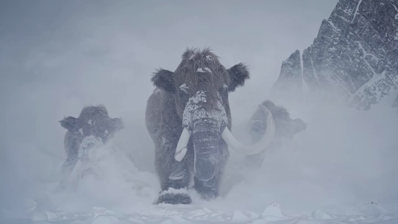 A dramatic, low-angle video shot of woolly mammoths braving a snowstorm, highlighting their massive