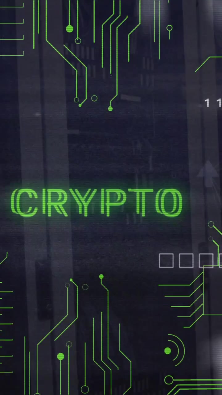 Animation of crypto text with connections and data processing over server room