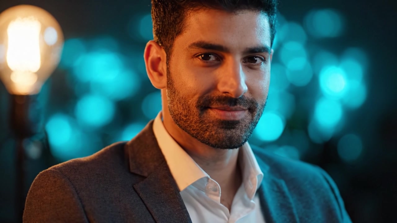 Retrato cautivador de un hombre seguro con un traje elegante y una luz cálida como telón de fondo, enfatizando el carisma y el estilo personal en un entorno bokeh