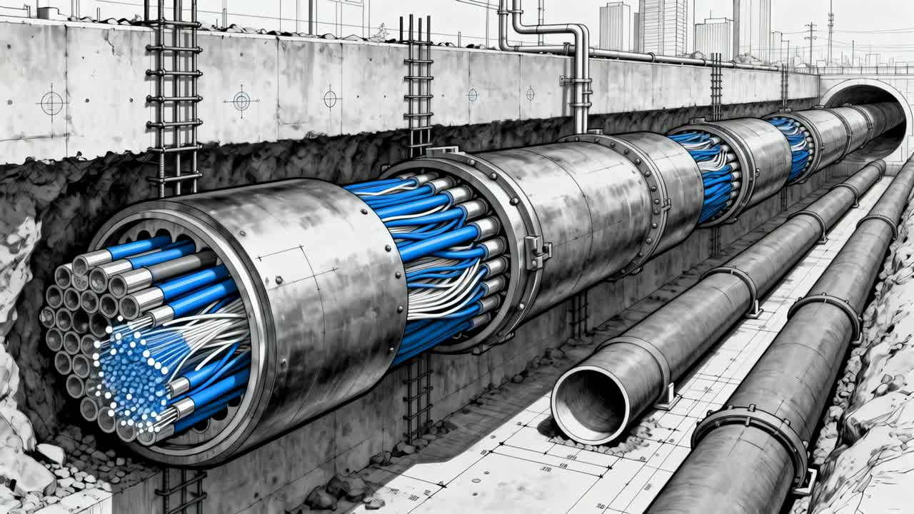 Tracking camera dolly revealing conduit in urban trench, inspecting blue white cables to tunnel