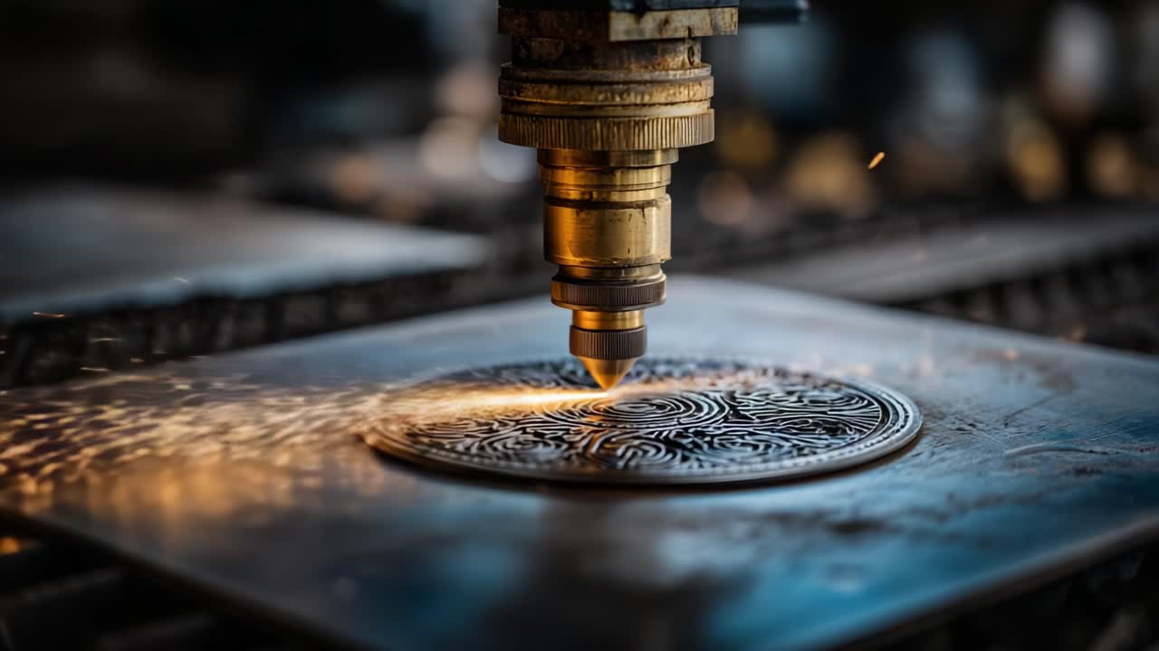 Precision Metal Cutting Process Visualized: A Laser Engraver at Work Creating Intricate Patterns While Producing Sparks and Highlighting the Art of Manufacturing