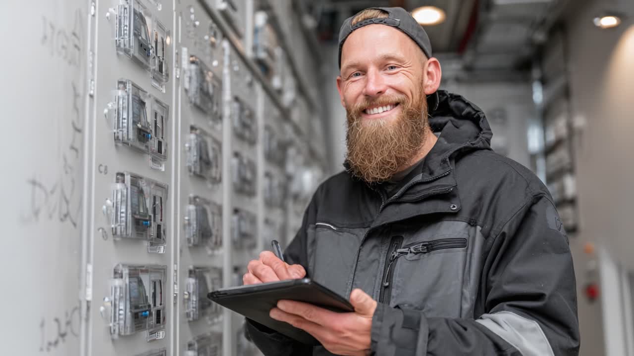 En dygtig tekniker tjekker elmålere med en tablet og smiler selvsikkert, hvilket viser ekspertise og en positiv indstilling i et moderne forsyningsmiljø