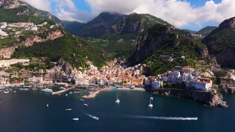 Amazing-Aerial-View-Above-Dramatic-Coastal-Amalfi-Town-on-Italy's-Amalfi-Coast