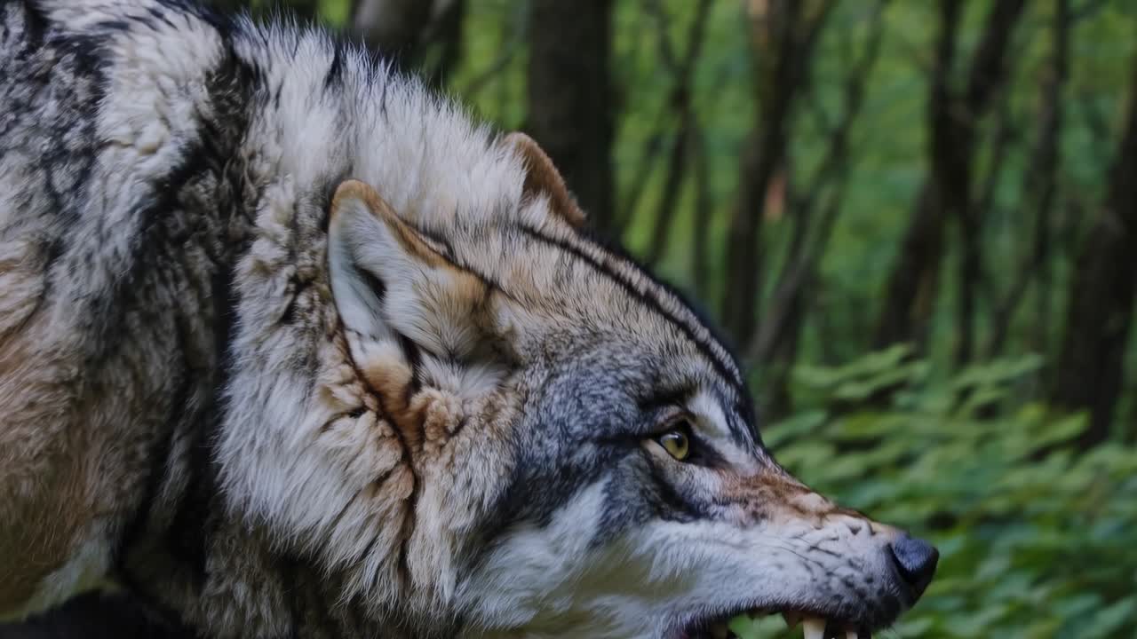 Close-up side view of a snarling wolf in a forest, showcasing its fierce expression