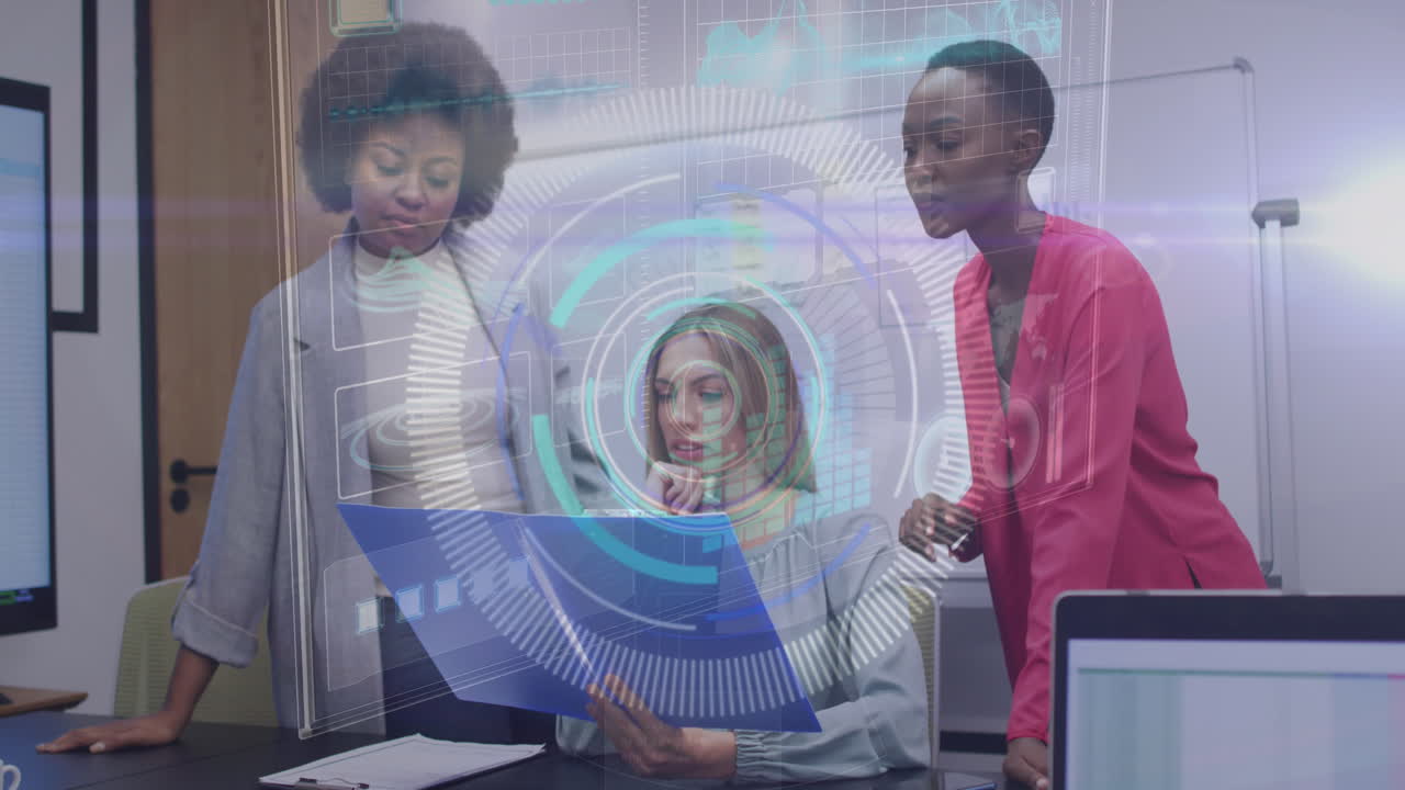 Animation of round scanner and data processing over three diverse women discussing at office
