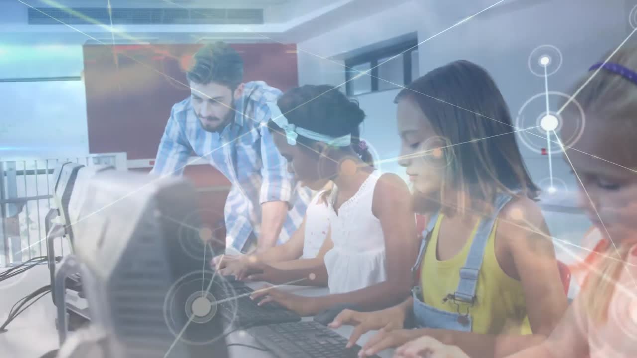 animación de una red de conexiones entre maestros y escolares felices y diversos