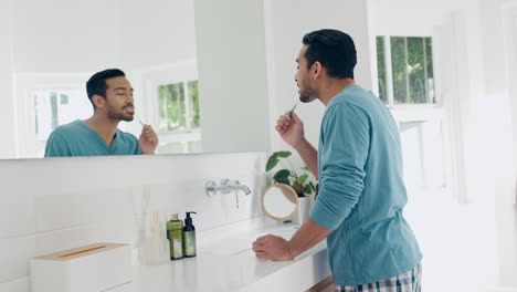 bathroom mirror, couple and man brush tooth