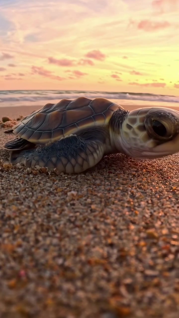 Cría de tortuga marina gateando en playa de arena hacia el océano al atardecer