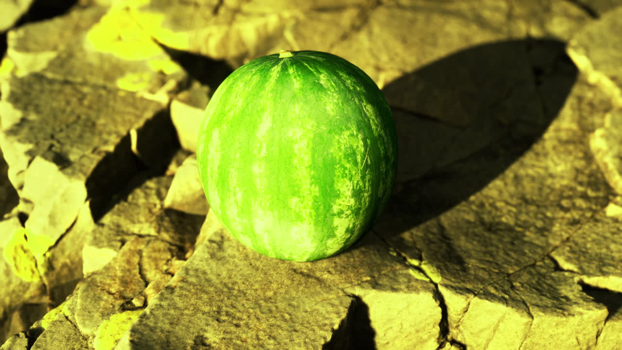 Bright green watermelon resting on textured rock under warm sunlight