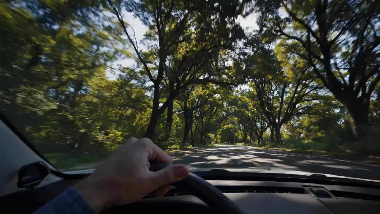 Video POV dall'interno di un'auto che percorre una strada alberata