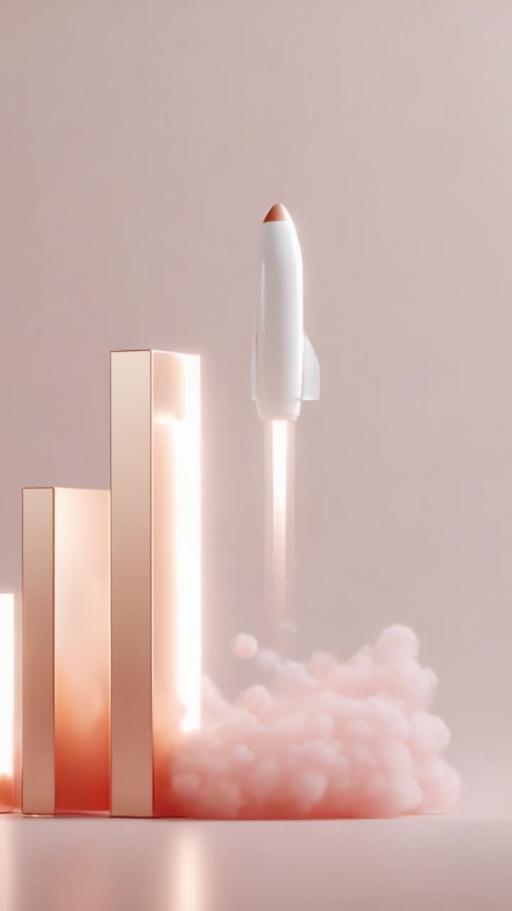 A sleek, modern rocket launches from pastel podiums, symbolizing innovation, growth, and futuristic aspirations in a visually captivating and inspiring setting