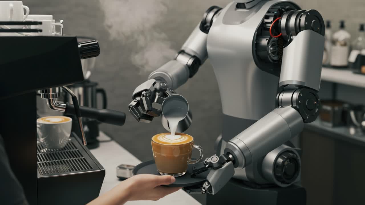 An Advanced Robot Barista Perfectly Pouring a Latte with Precision and Artistry, Showcasing the Future of Coffee Crafting and Automation in Cafes