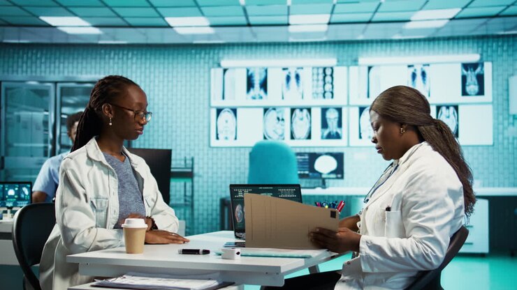 чернокожий пациент общается с женщиной-лечащим в медицинском кабинете