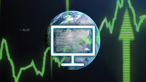 stock market data and coding animation over earth with green financial graphs