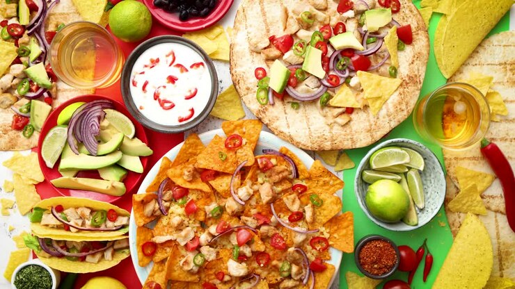 Surtido de diversas comidas mexicanas recién preparadas colocado sobre una mesa colorida