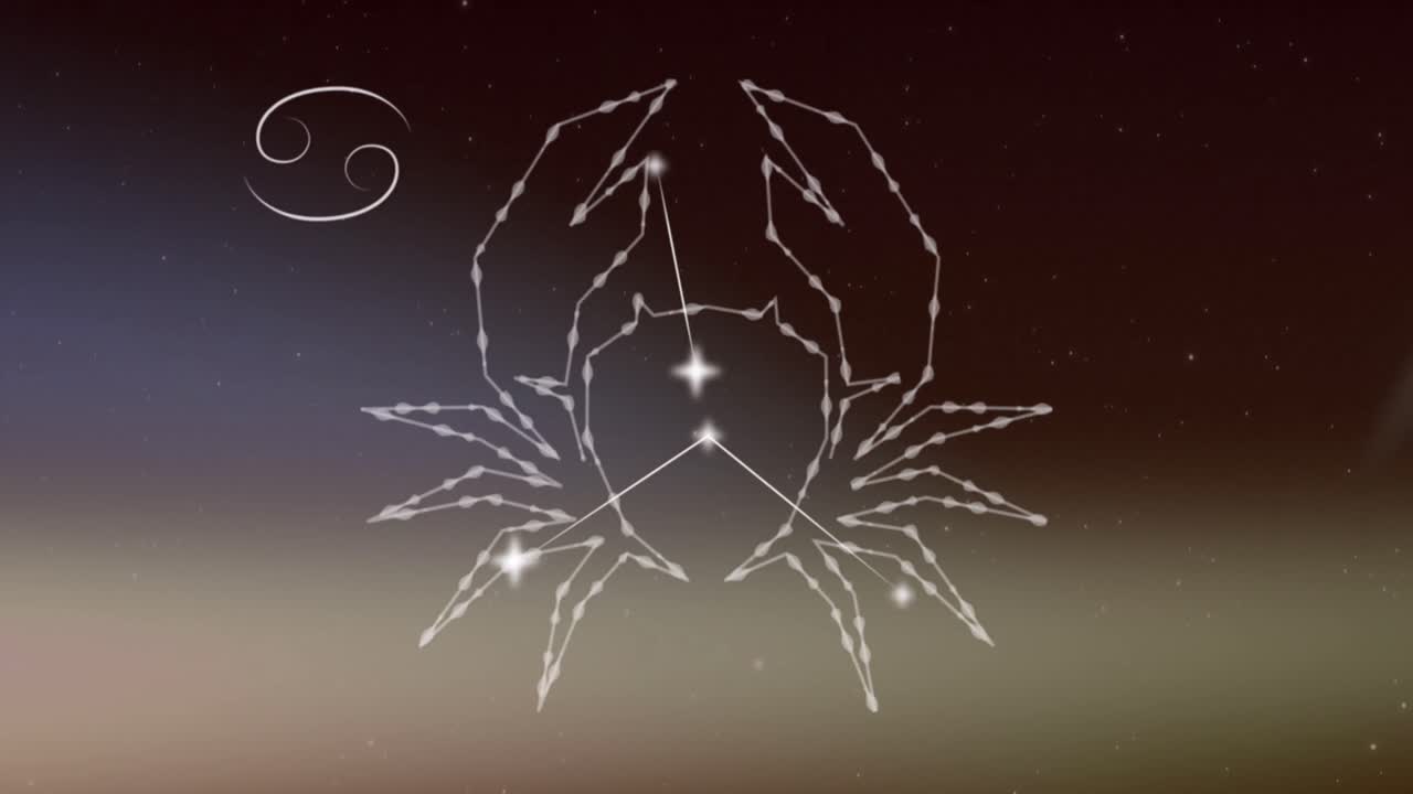 animación del signo de la estrella del cáncer sobre nubes de humo en el fondo.