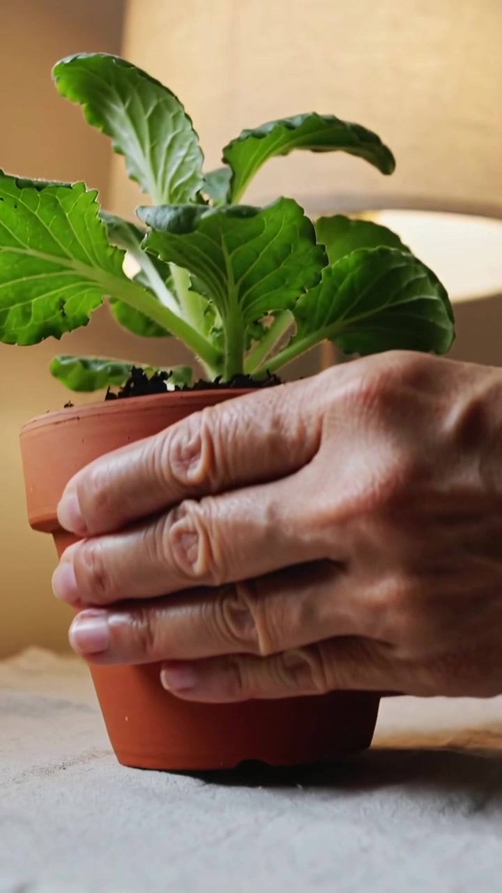 Vertical video: Entering bare hands lifting plant to lamp on table, centering clay pot for display
