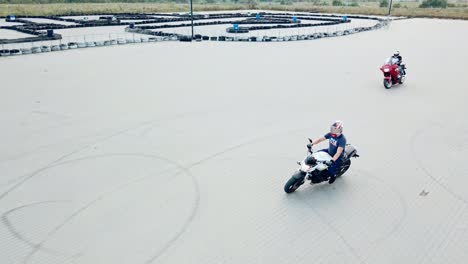 aerial shot of motorcycle show. aerial view of motorbikes on parking lot