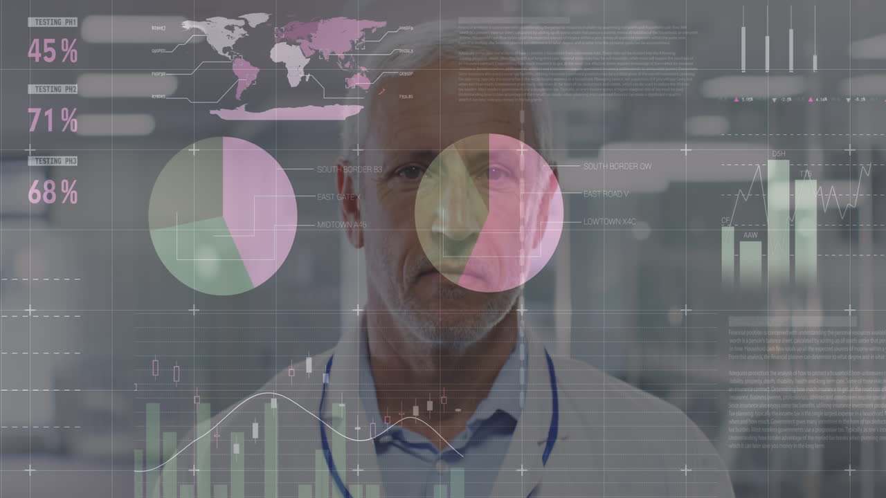 procesamiento de datos estadísticos contra el retrato de un médico caucásico mayor sonriendo en el hospital