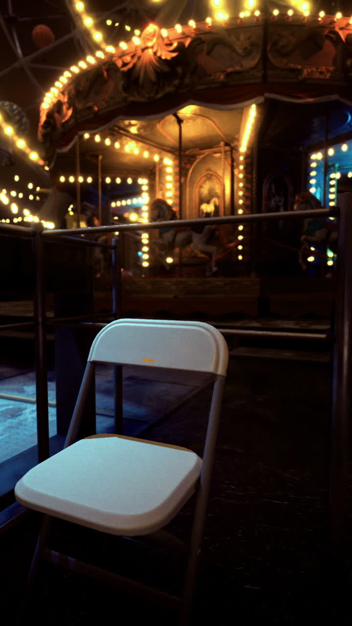Empty chair beside a carnival carousel illuminated by string lights at night
