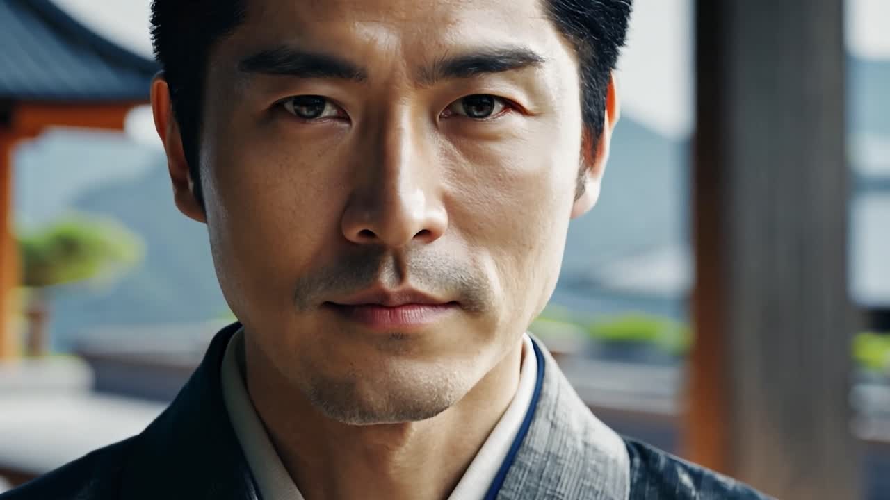 키모노를 입은 일본인이 카메라를 진지하게 쳐다본다.