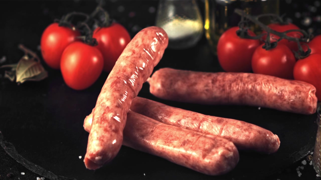 Salsicce fresche crude che cadono su un tagliere scuro con pomodorini ciliegino.