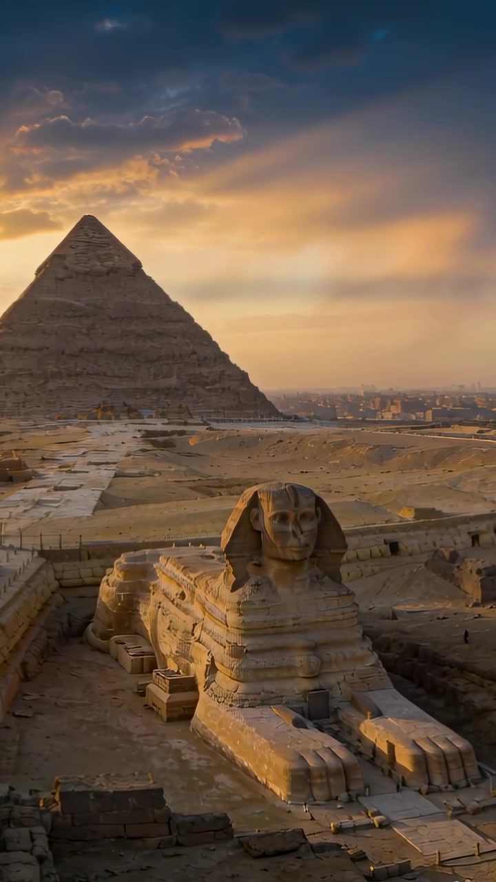 Video verticale: Telecamera che scorre mostrando la Grande Sfinge e la piramide di Giza, mentre la luce del tramonto illumina la pietra.