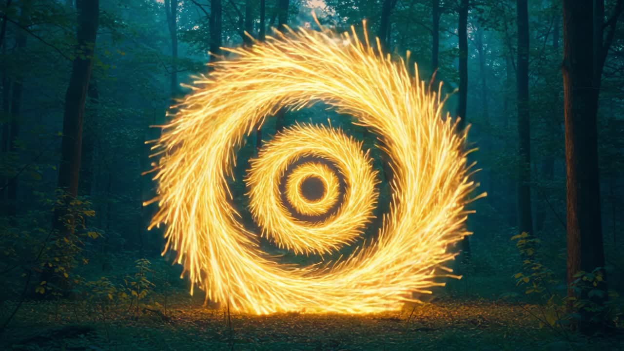 Mesmerizing Illuminated Spiral Pattern Pulsating in a Misty Forest, Creating an Enchanting Atmosphere with Brilliant Golden Light Trails and Nature's Embrace
