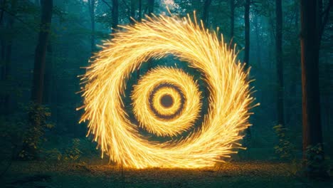 Mesmerizing Illuminated Spiral Pattern Pulsating in a Misty Forest, Creating an Enchanting Atmosphere with Brilliant Golden Light Trails and Nature&#039;s Embrace