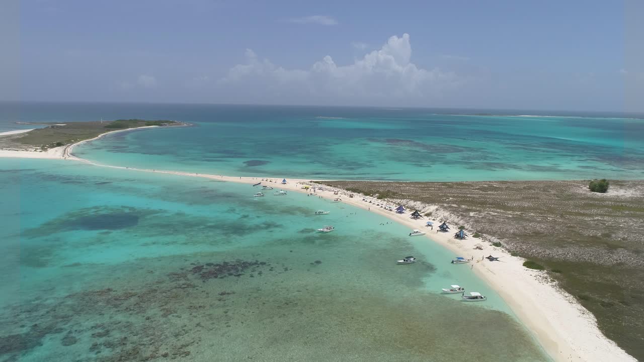 Wide aerial of Cayo de Agua, Los Roques, showing people enjoying the day, boats and tents along bright turquoise shoreline under perfect tropical weather